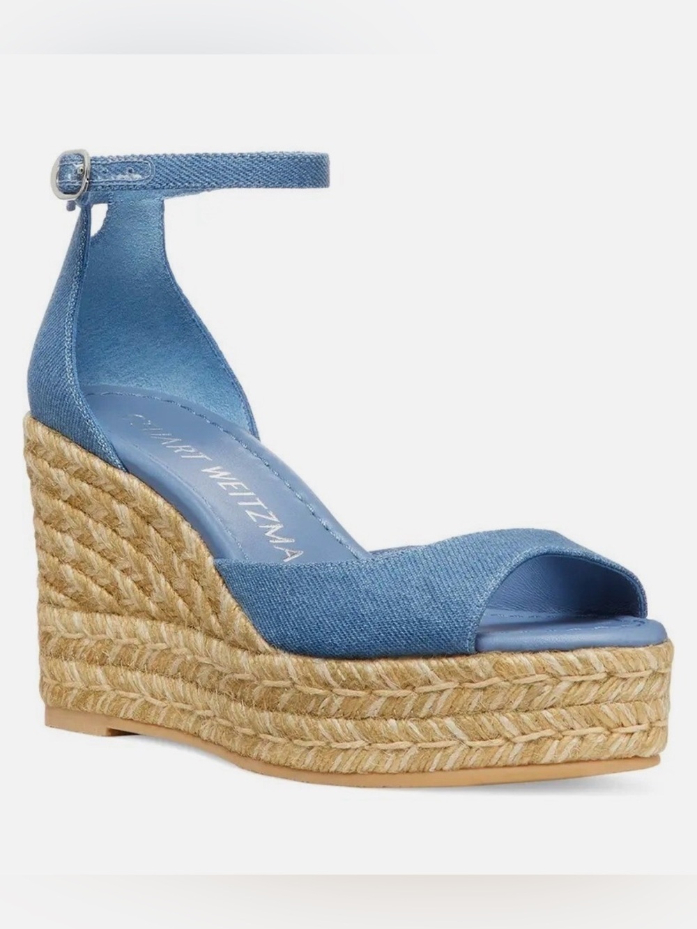 Stuart Weitzman Nudistia Metallic Blue Espadrille Wedge Sandals